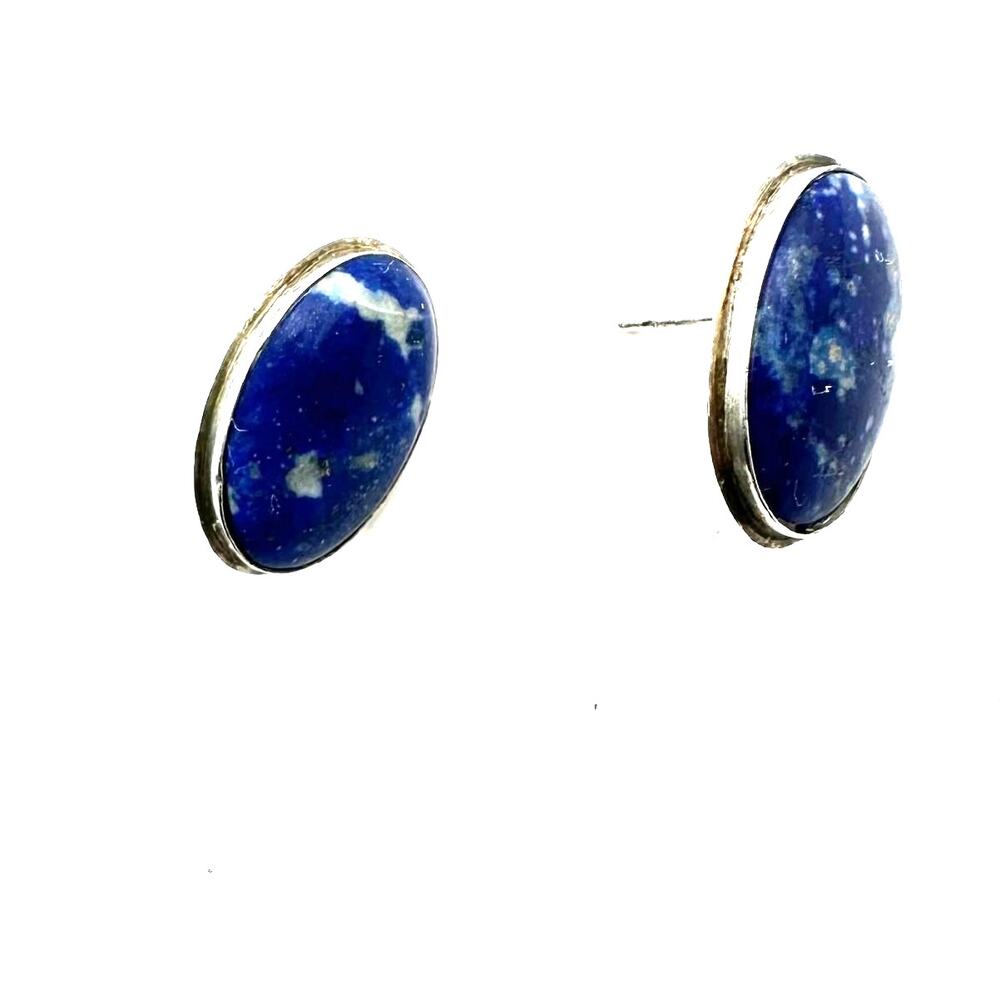 Vintage Sodalite Pierced Stud Earring Blue Stone Silver Oval Coastal Cowgirl